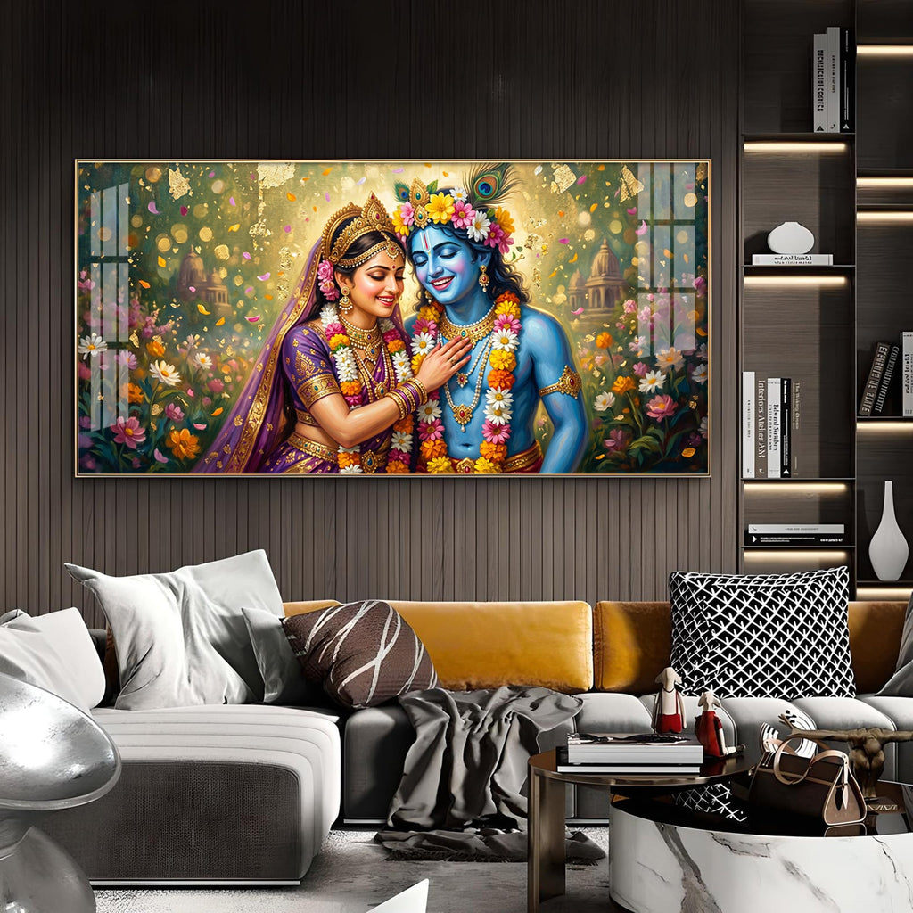 Radha Krishna Eternal Love & Devotion Glass Finish Horizontal Wall Art