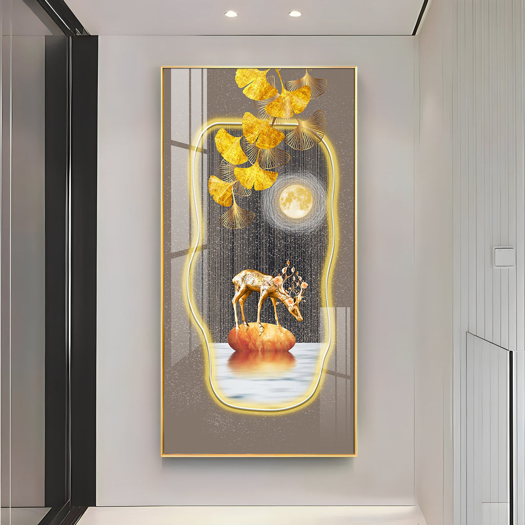 Golden Deer & Gingko Premium Acrylic Vertical Wall Art