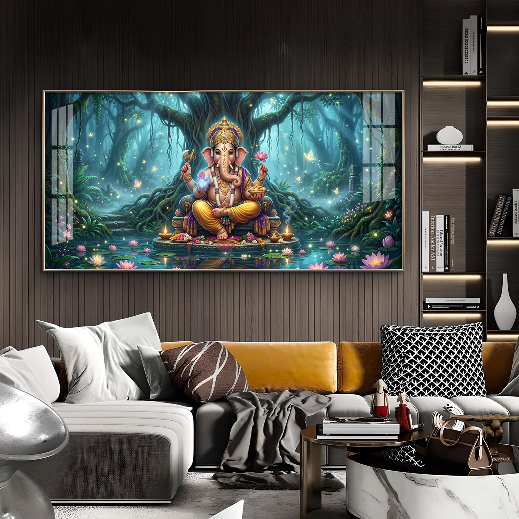 Lord Ganesh Divine Aura Glass Finish Horizontal Wall Art
