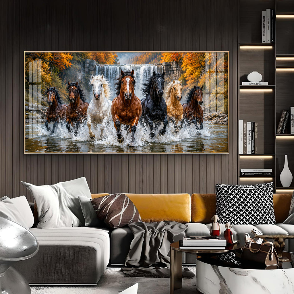 Seven-Horse Running Glass Finish Horizontal Wall Art