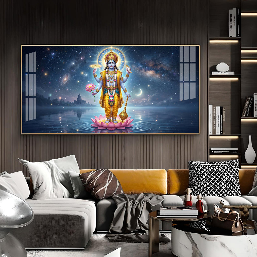 Vishnu Bhagwan Divine Universe Glass Finish Horizontal Wall Art