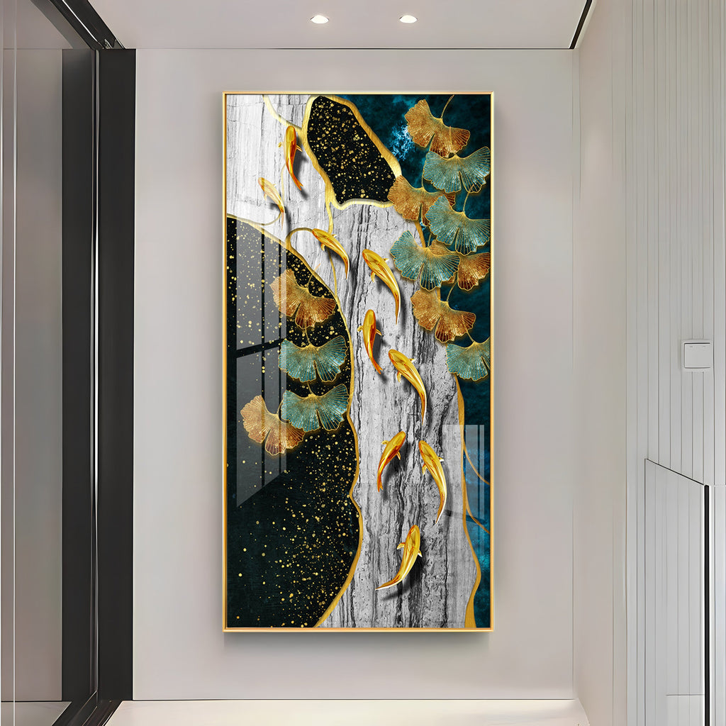 Gold Fish & Feathers Premium Acrylic Vertical Wall Art