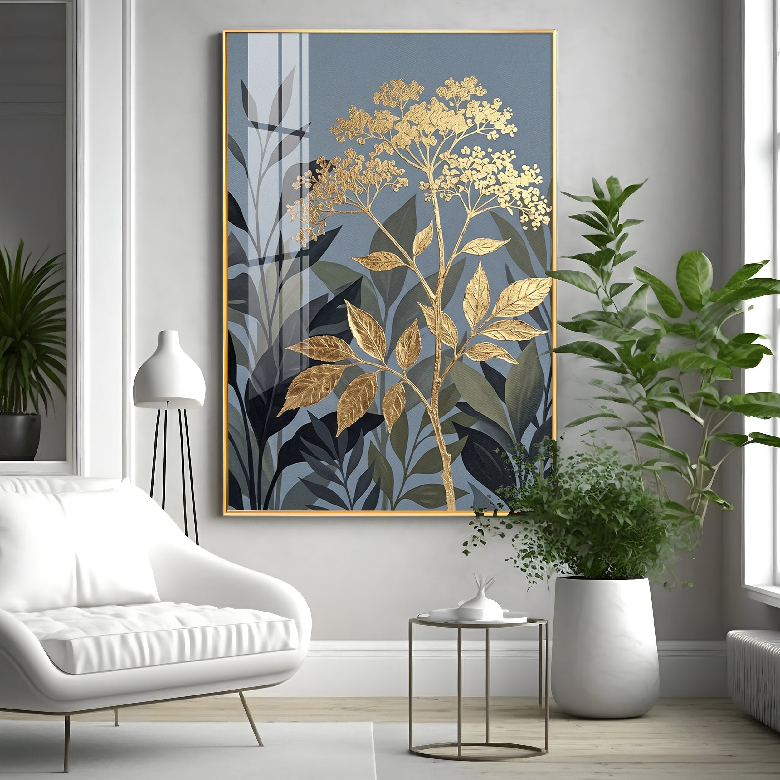Republic Midnight Blue Botanical Leaves Premium Acrylic Vertical Wall Art