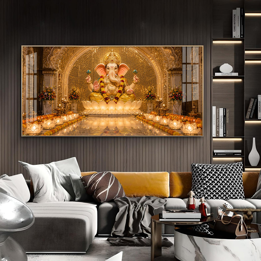 Lord Ganesha In A Golden Temple Glass Finish Horizontal Wall Art