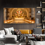 Lord Ganesha In A Golden Temple Glass Finish Horizontal Wall Art