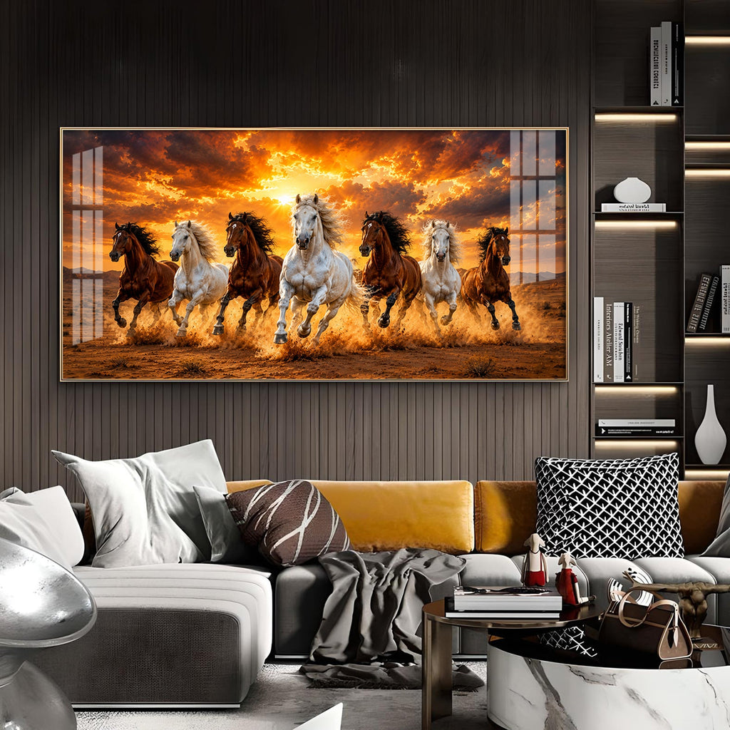 7 Running Horses Glass Finish Horizontal Wall Art