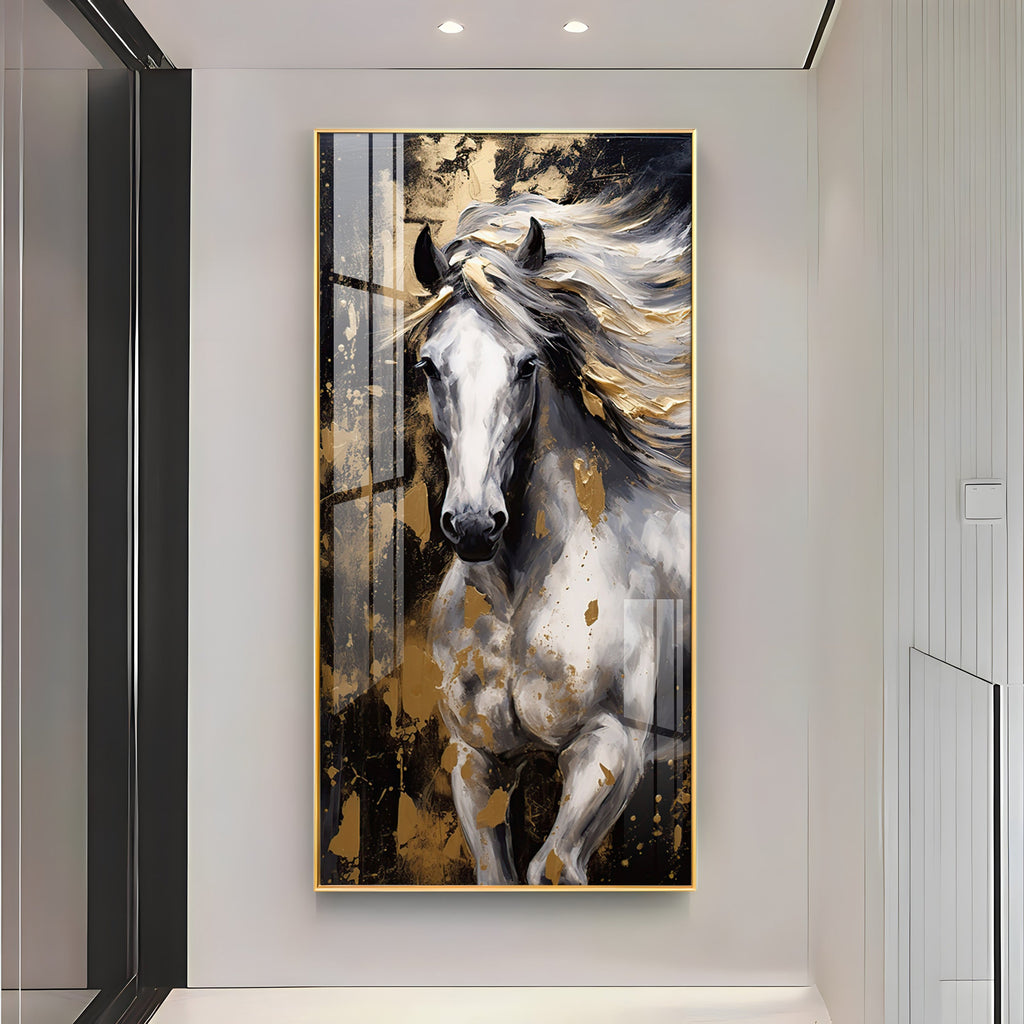 White Horse with Golden Gleam Premium Acrylic Vertical Wall Art