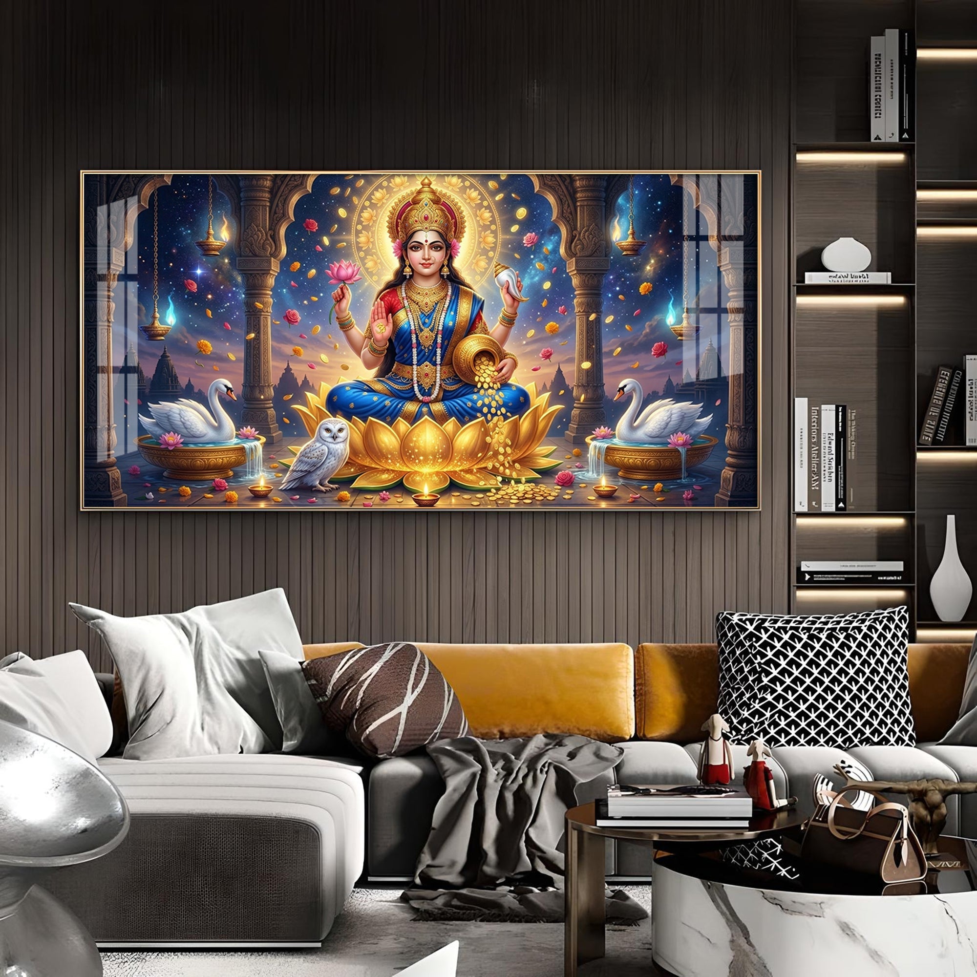Maa Laxmi Glass Finish Horizontal Wall Art