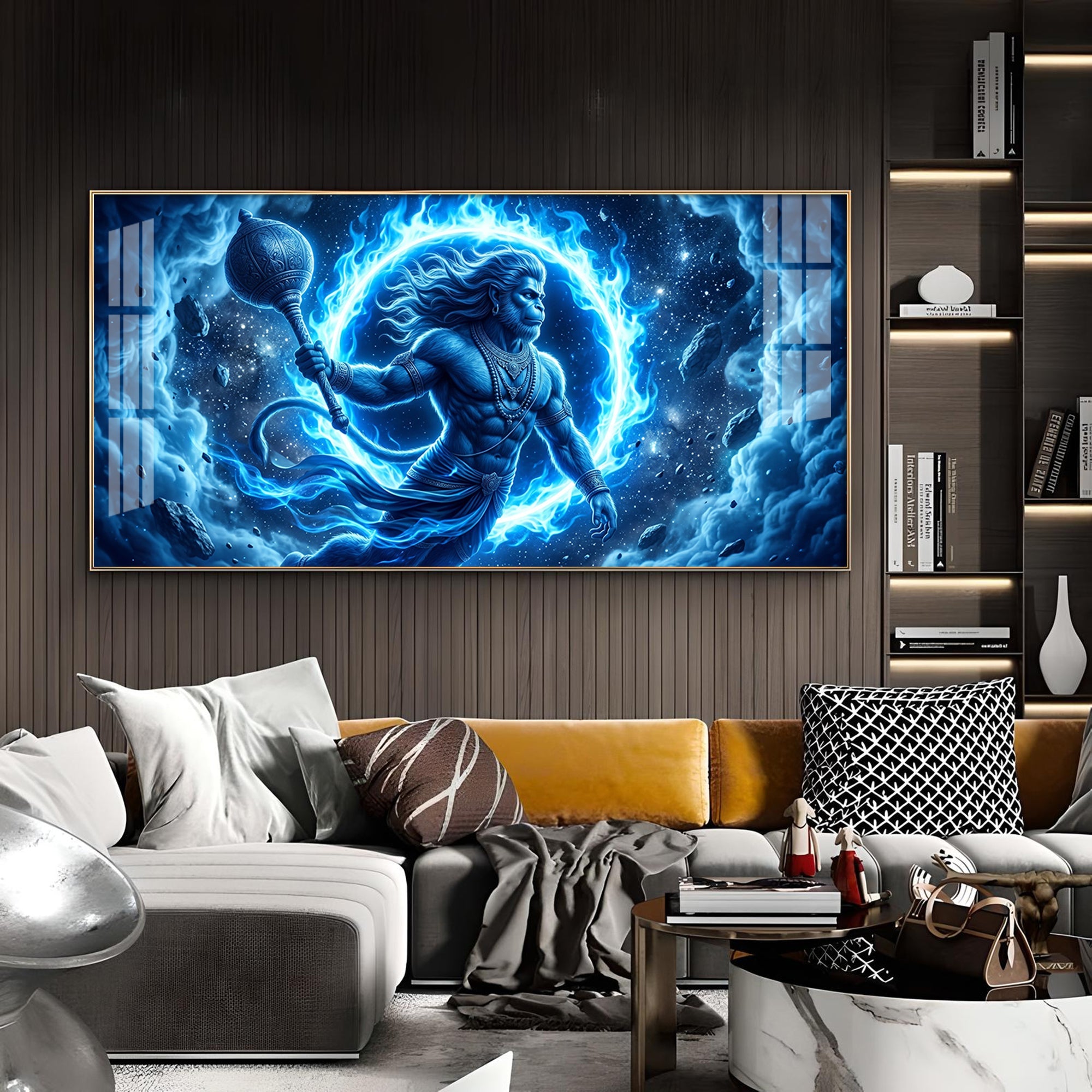 Depicts Lord Hanuman Glass Finish Horizontal Wall Art