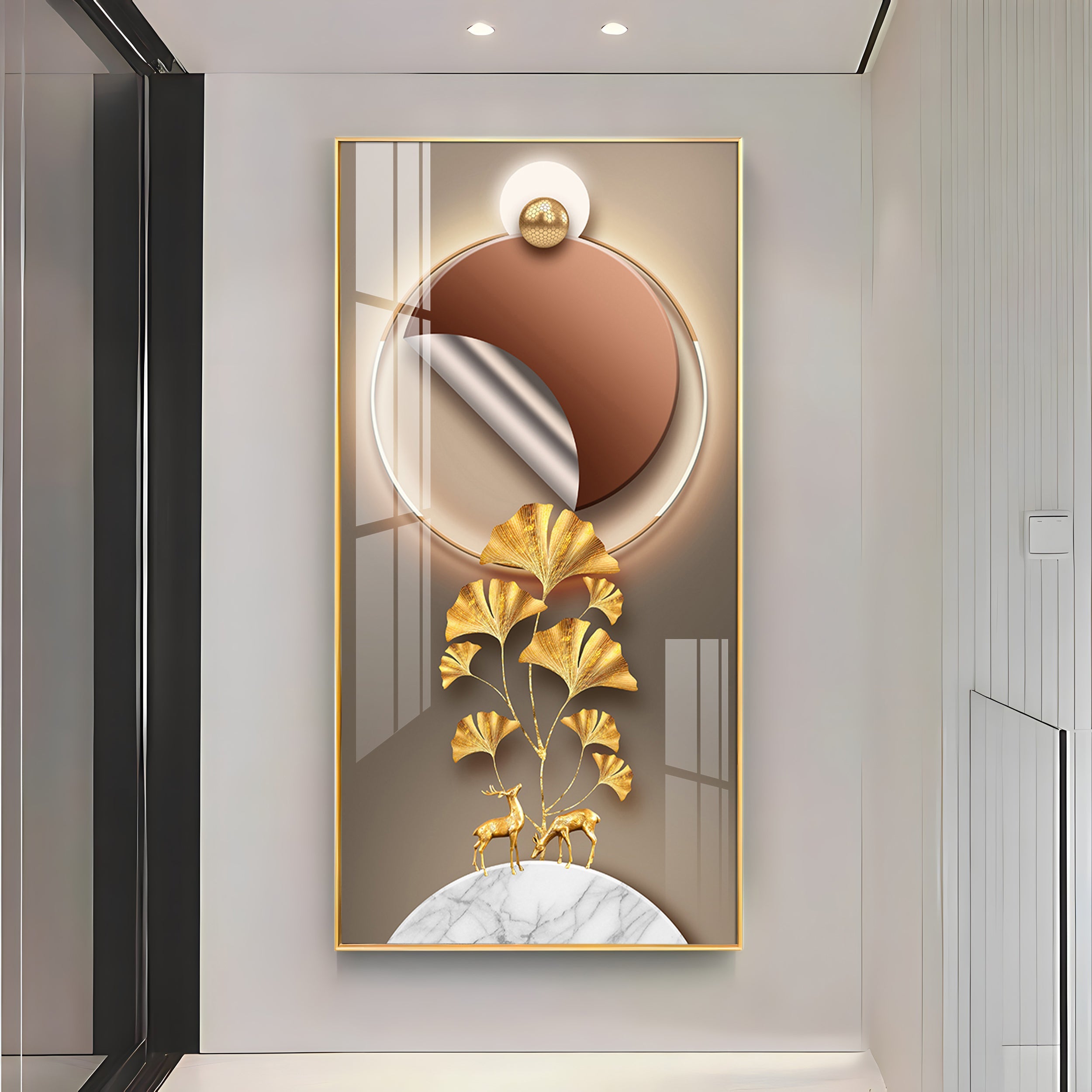 Golden Deer & Ginkgo Leaves Premium Acrylic Vertical Wall Art