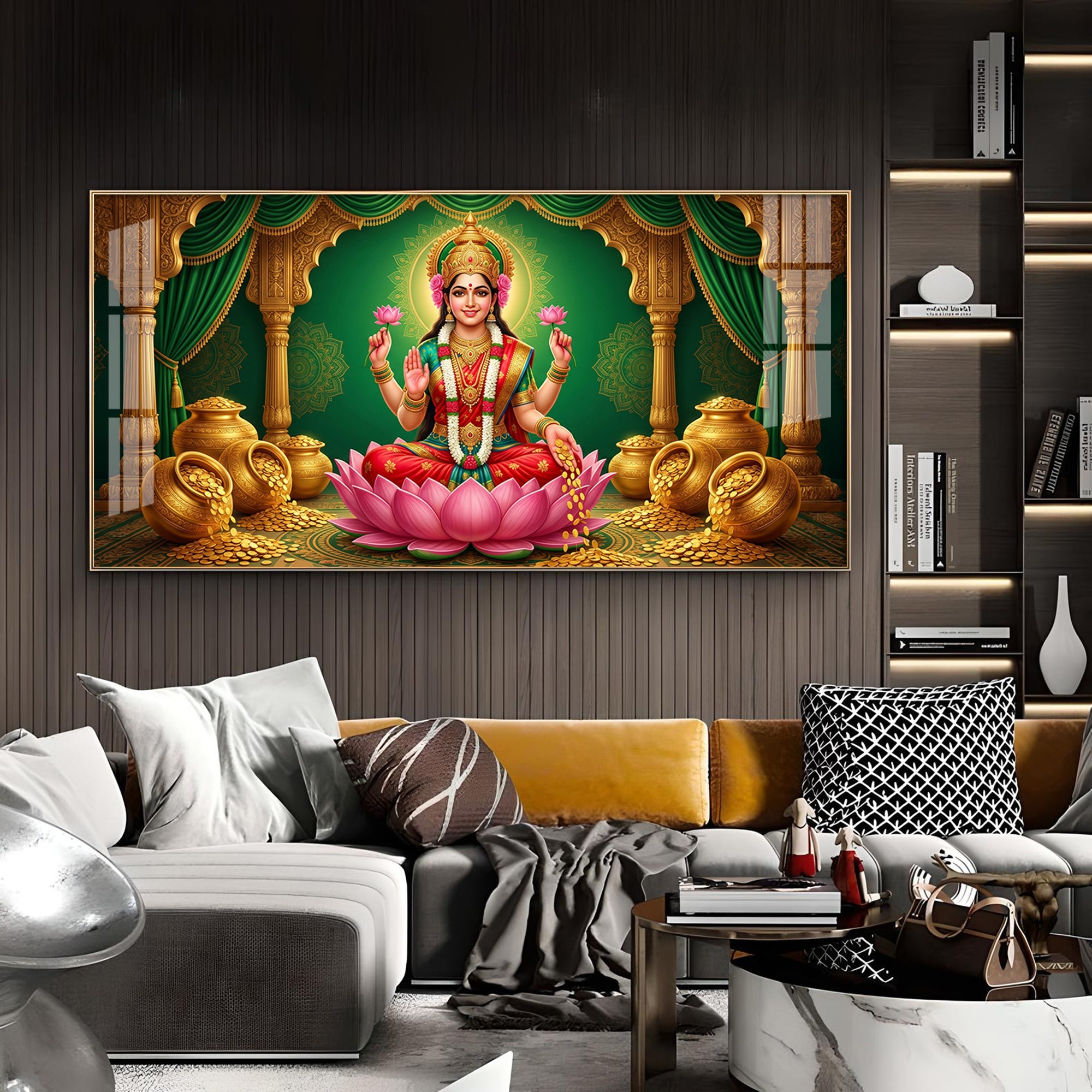 Lakshmi Mata Glass Finish Horizontal Wall Art
