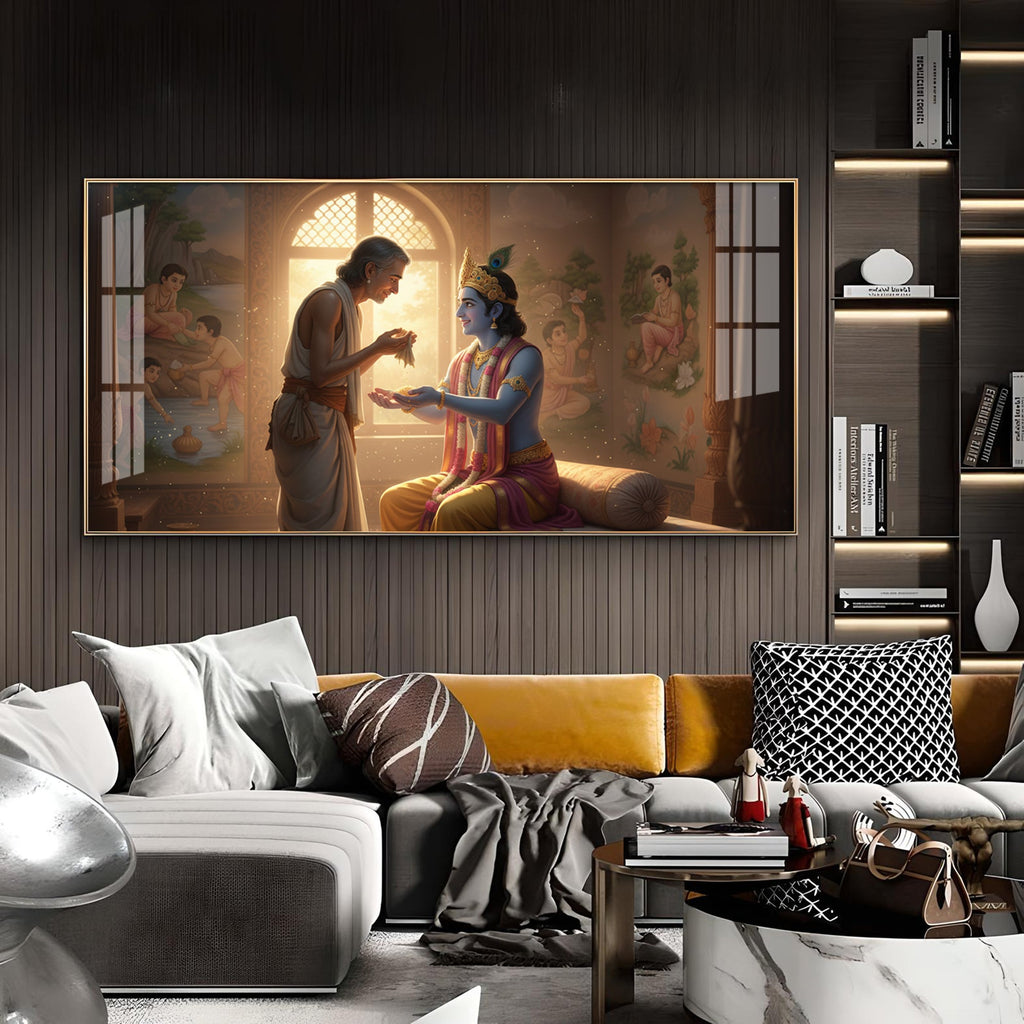Shree Krishna With Sudama Ji Glass Finish Horizontal Wall Art