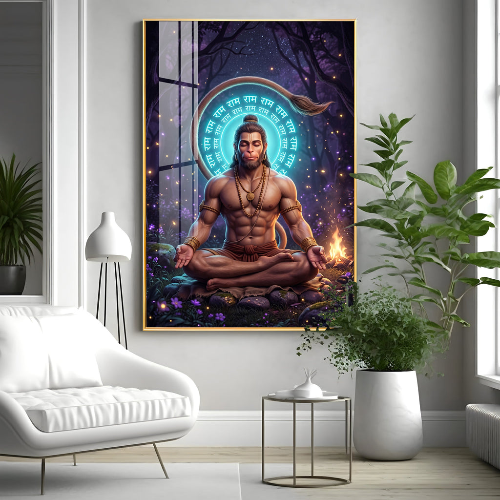 Lord Hanuman In Deep Meditation Premium Acrylic Vertical Wall Art