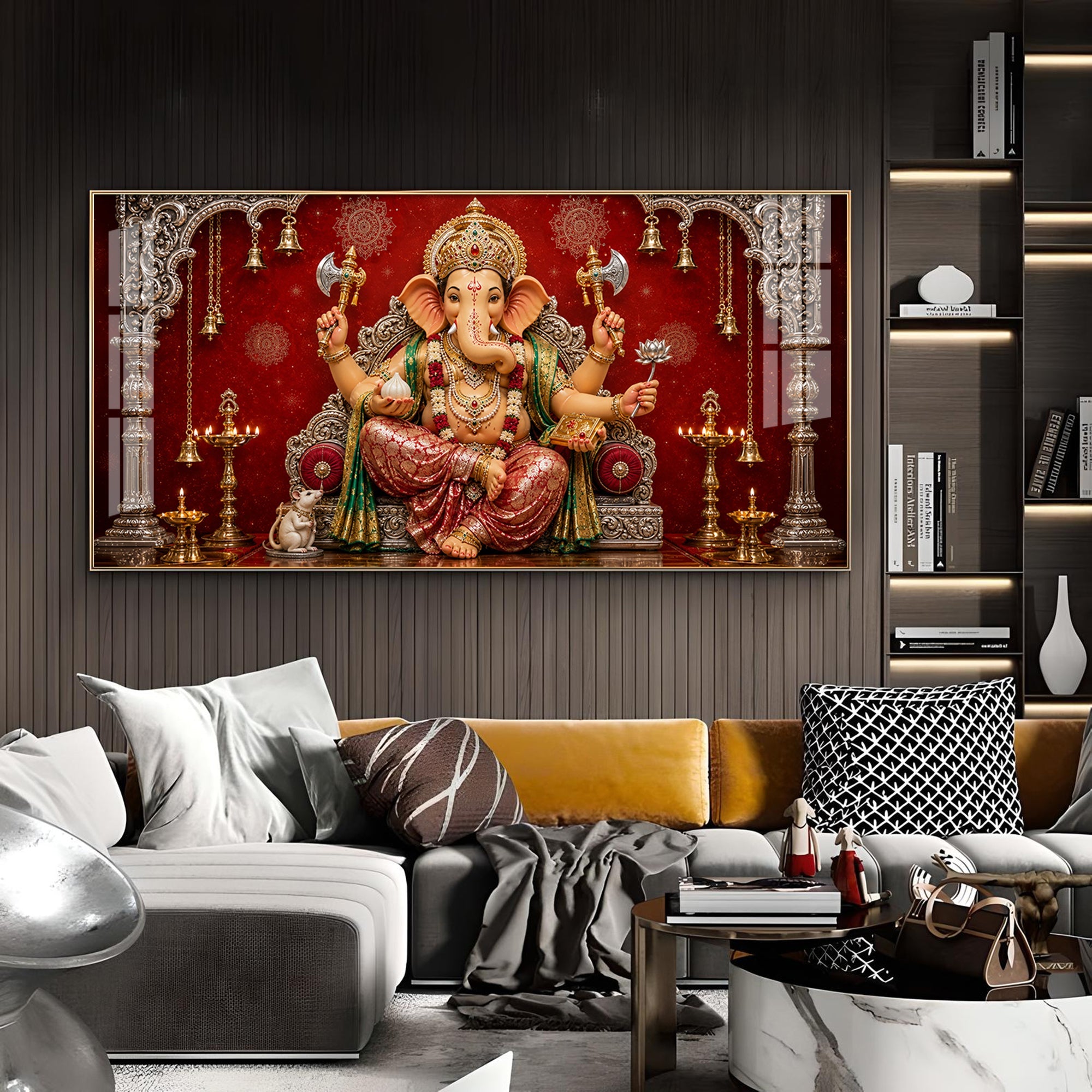 Hindu Devotional Ganpati Bappa Glass Finish Horizontal Wall Art