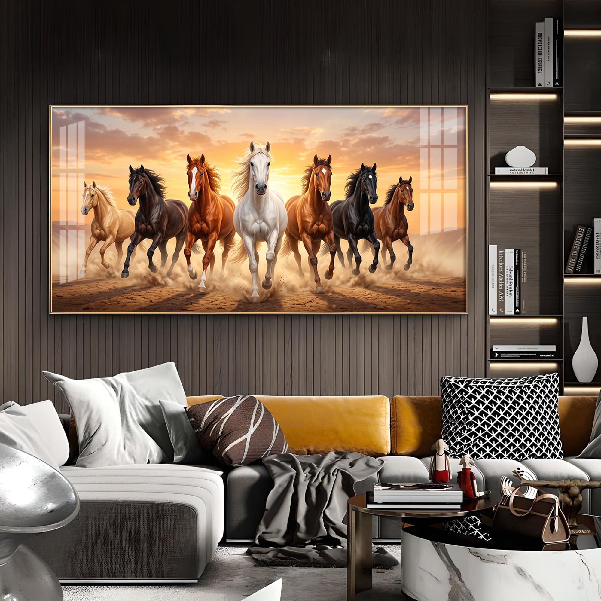Seven Running Horse Vastu Glass Finish Horizontal Wall Art