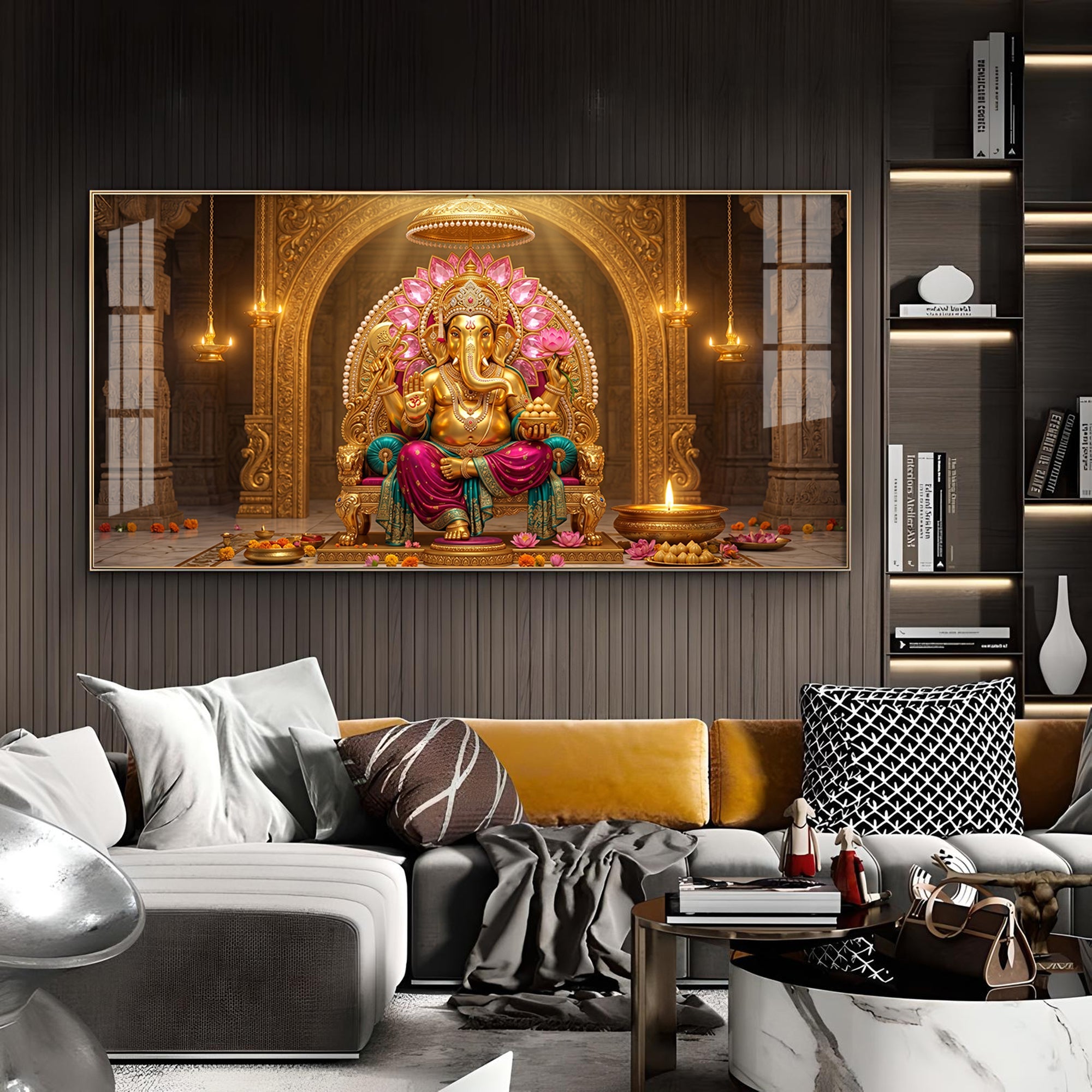 Hindu Lord Ganesha Glass Finish Horizontal Wall Art