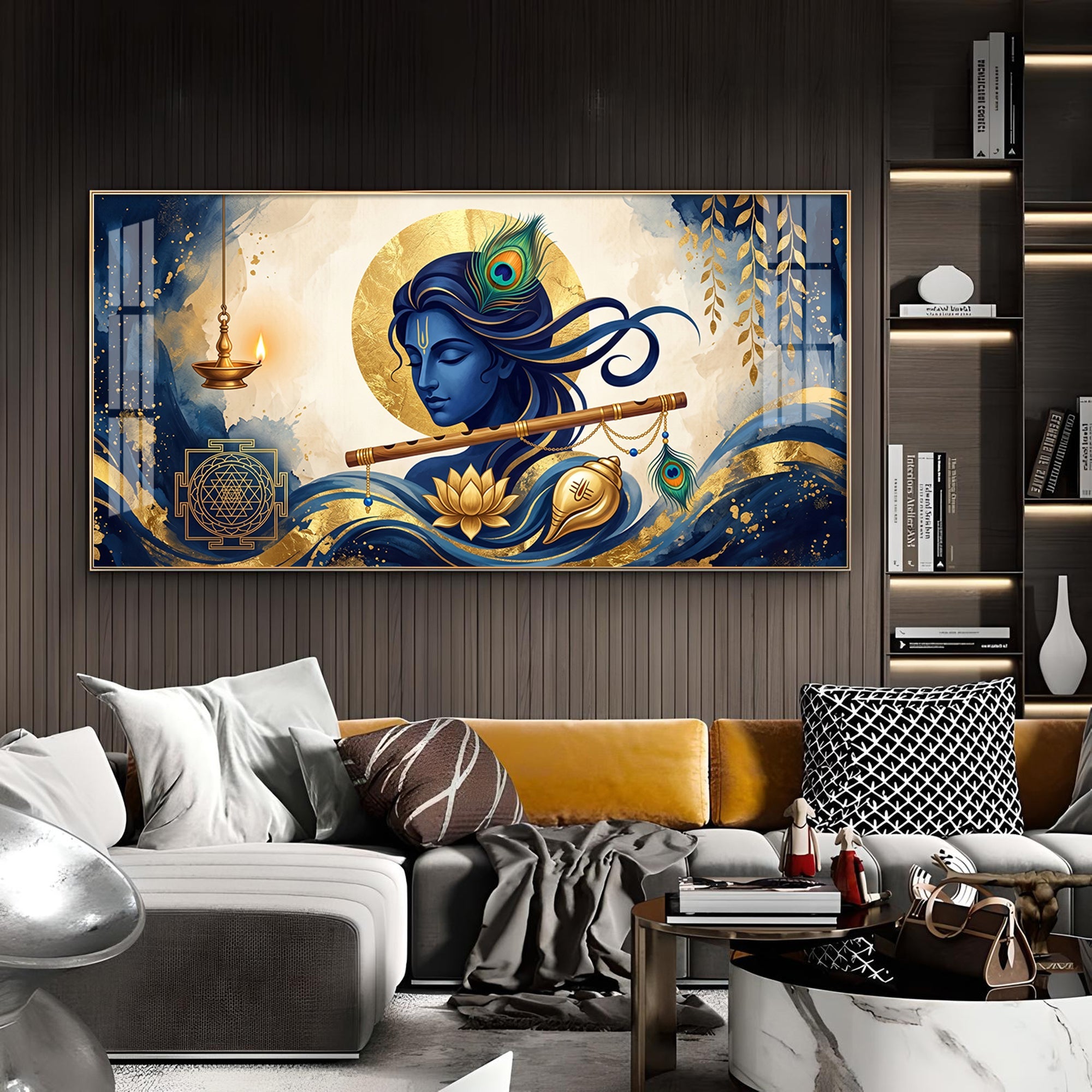 Lord Krishna With Yantra Glass Finish Horizontal Wall Art