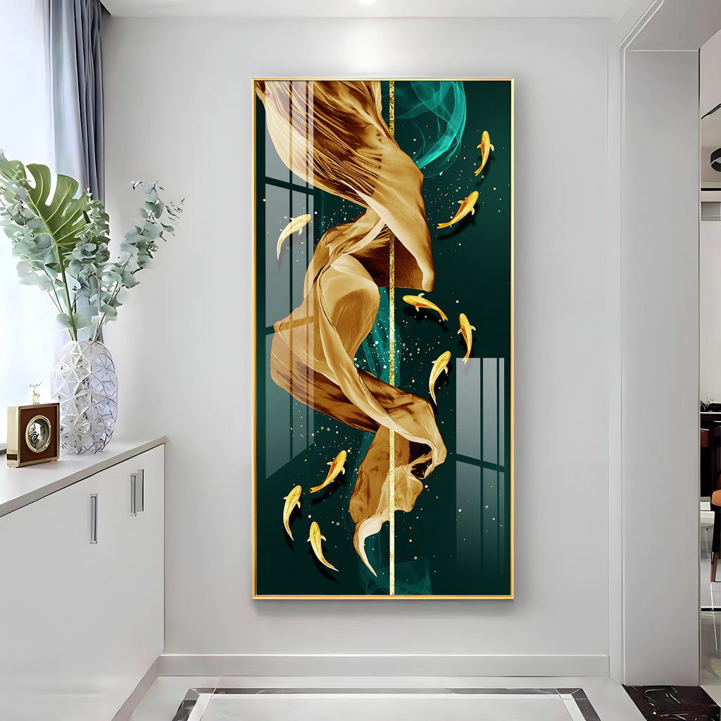 Fish & Flowing Gold Layer Premium Acrylic Vertical Wall Art