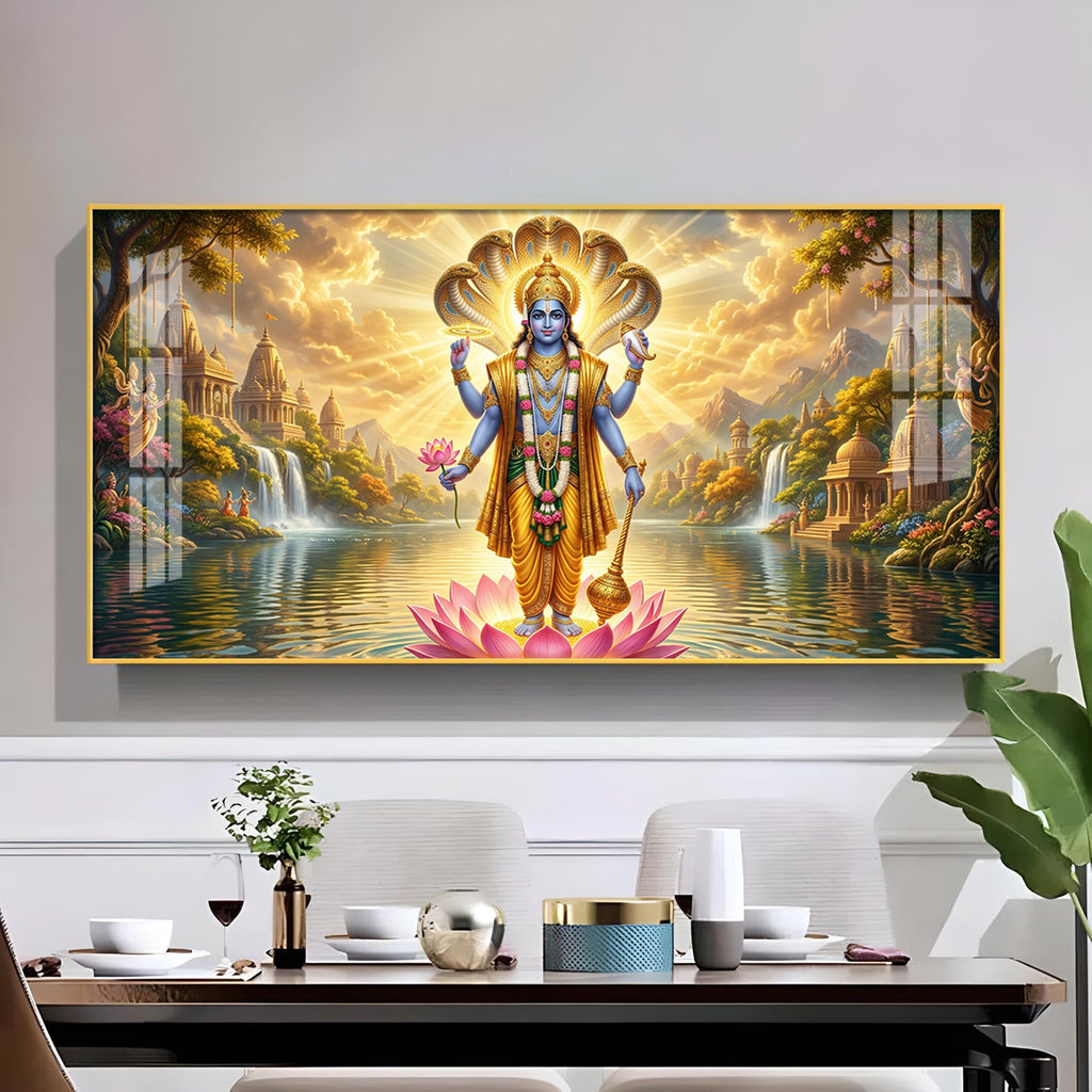 Lord Vishnu Glass Finish Horizontal Wall Art