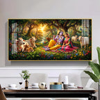 Radha and Krishna In Serene Forest Glass Finish Horizontal Wall Art