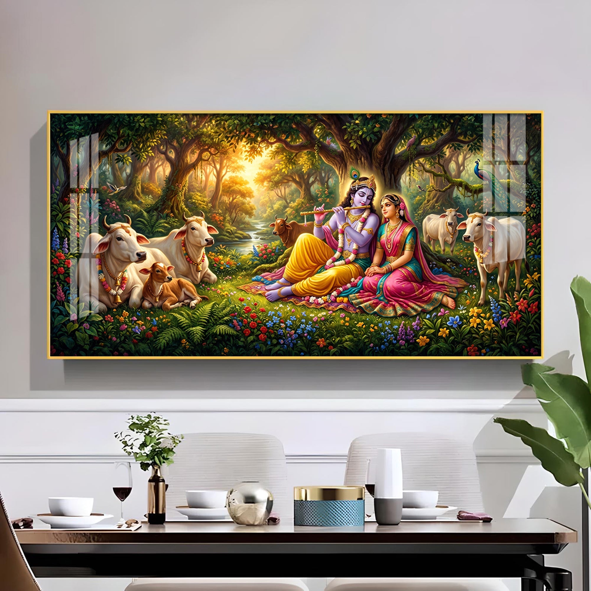 Radha and Krishna In Serene Forest Glass Finish Horizontal Wall Art