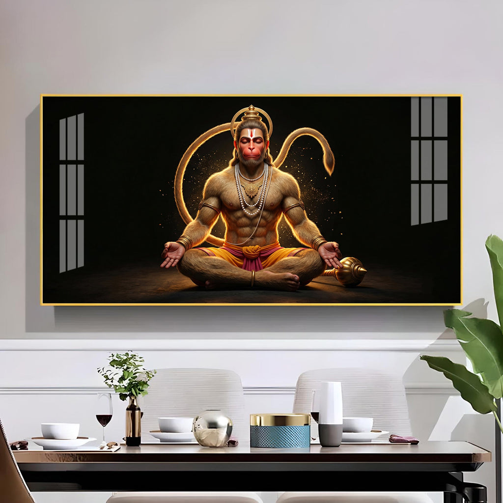 Lord Hanuman In Meditating Pose Glass Finish Horizontal Wall Art