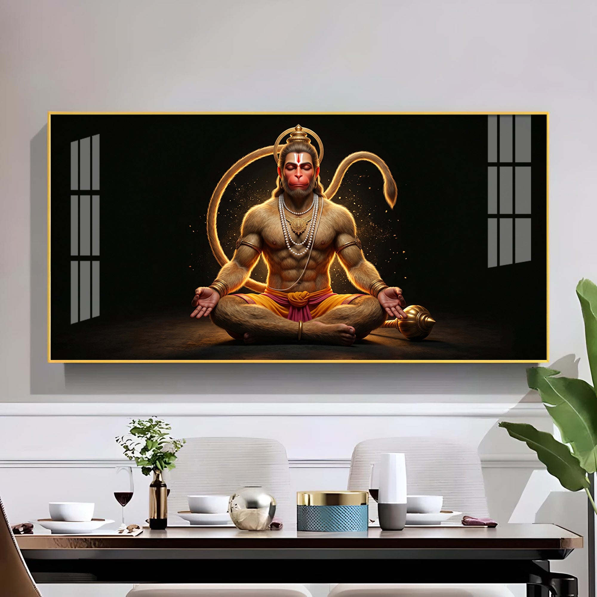 Lord Hanuman In Meditating Pose Glass Finish Horizontal Wall Art