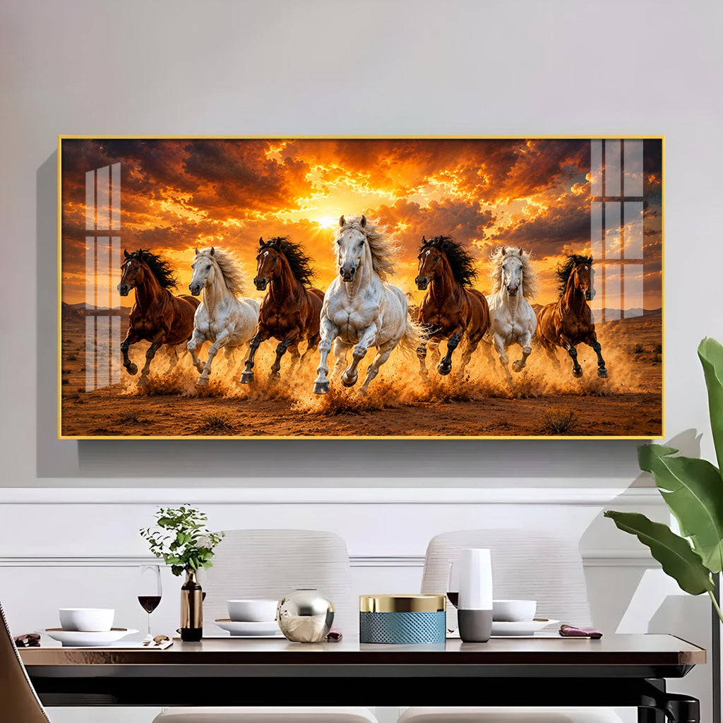 7 Running Horses Glass Finish Horizontal Wall Art
