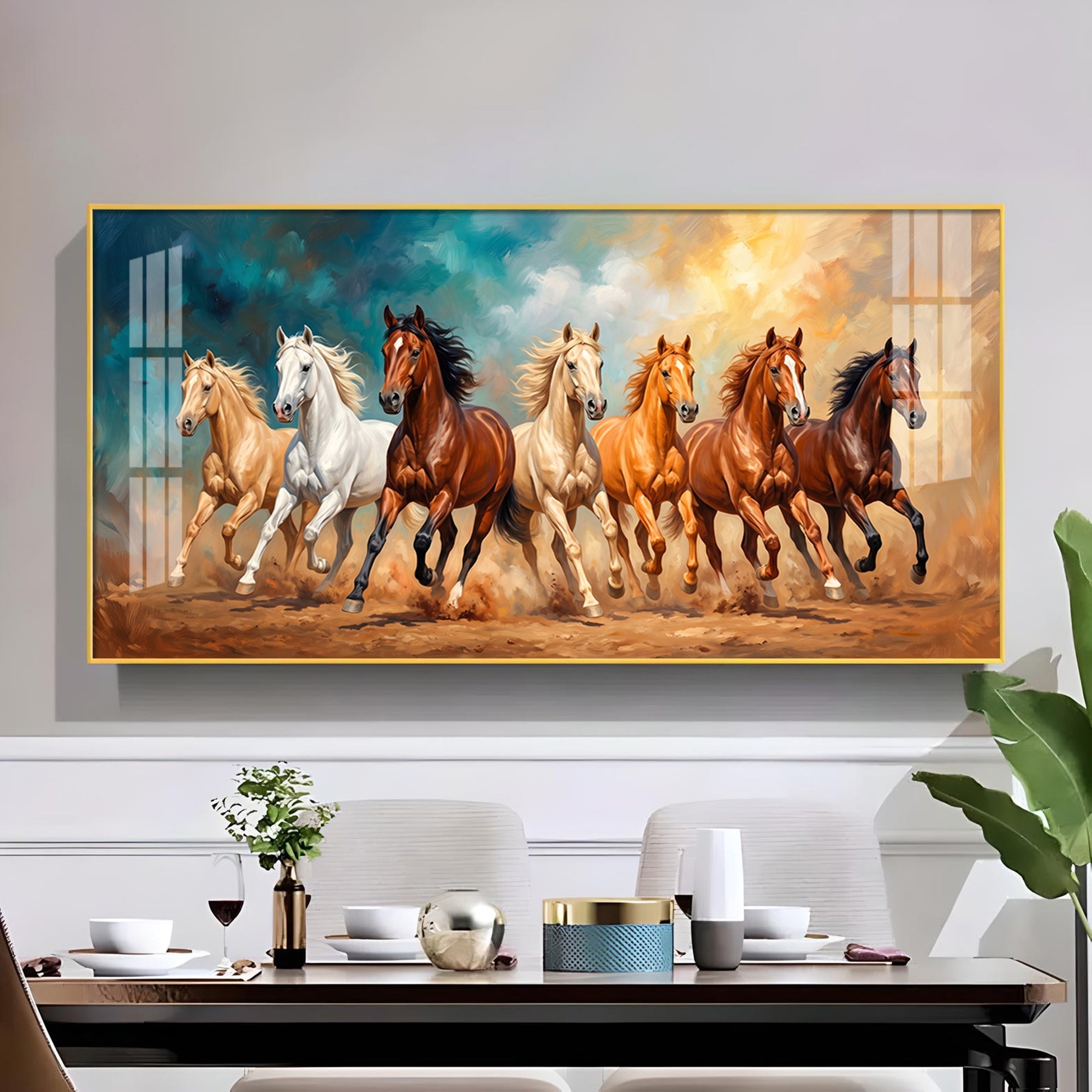 Running Horses Brown & White Glass Finish Horizontal Wall Art
