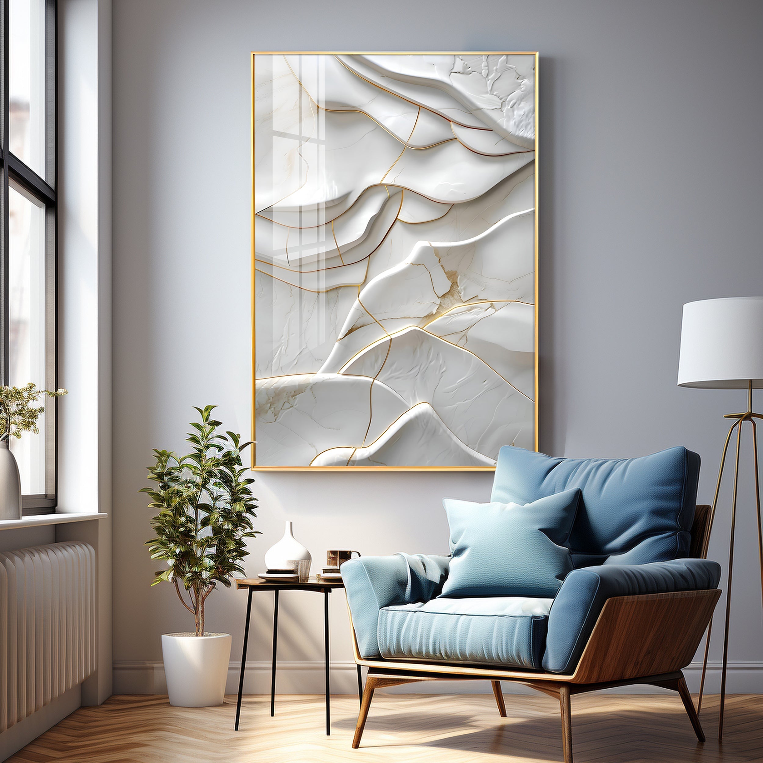 Golden Threaded White Surface Premium Acrylic Vertical Wall Art