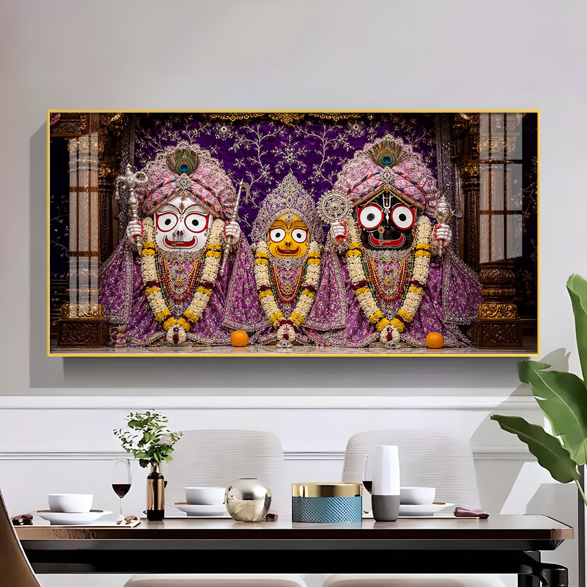 Hindu Deities Lord Jagannath, Subhadra & Balabhadra Glass Finish Horizontal Wall Art