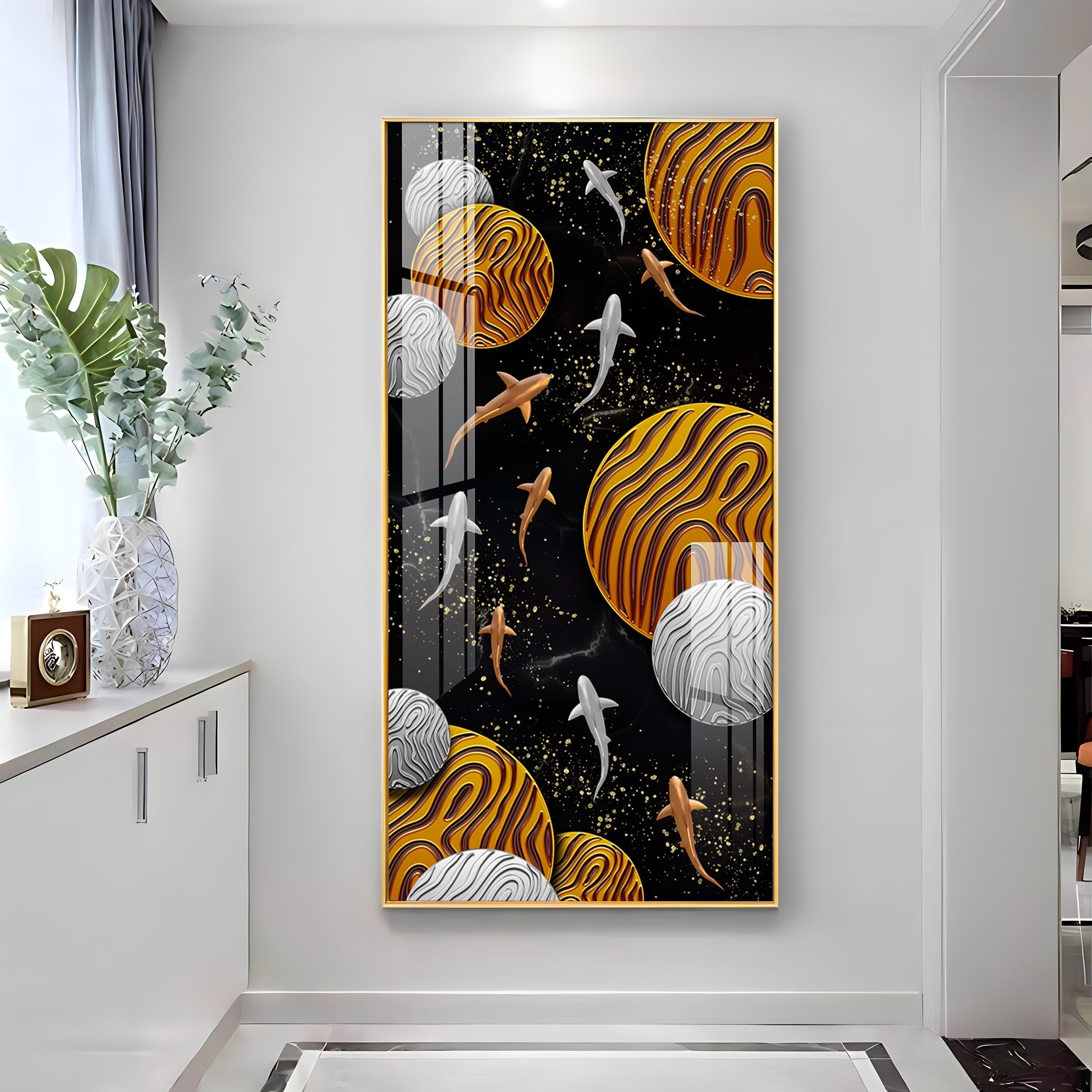 Circular Shapes With Fish Premium Acrylic Vertical Wall Art