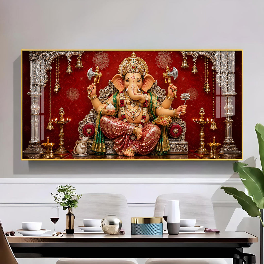 Hindu Devotional Ganpati Bappa Glass Finish Horizontal Wall Art