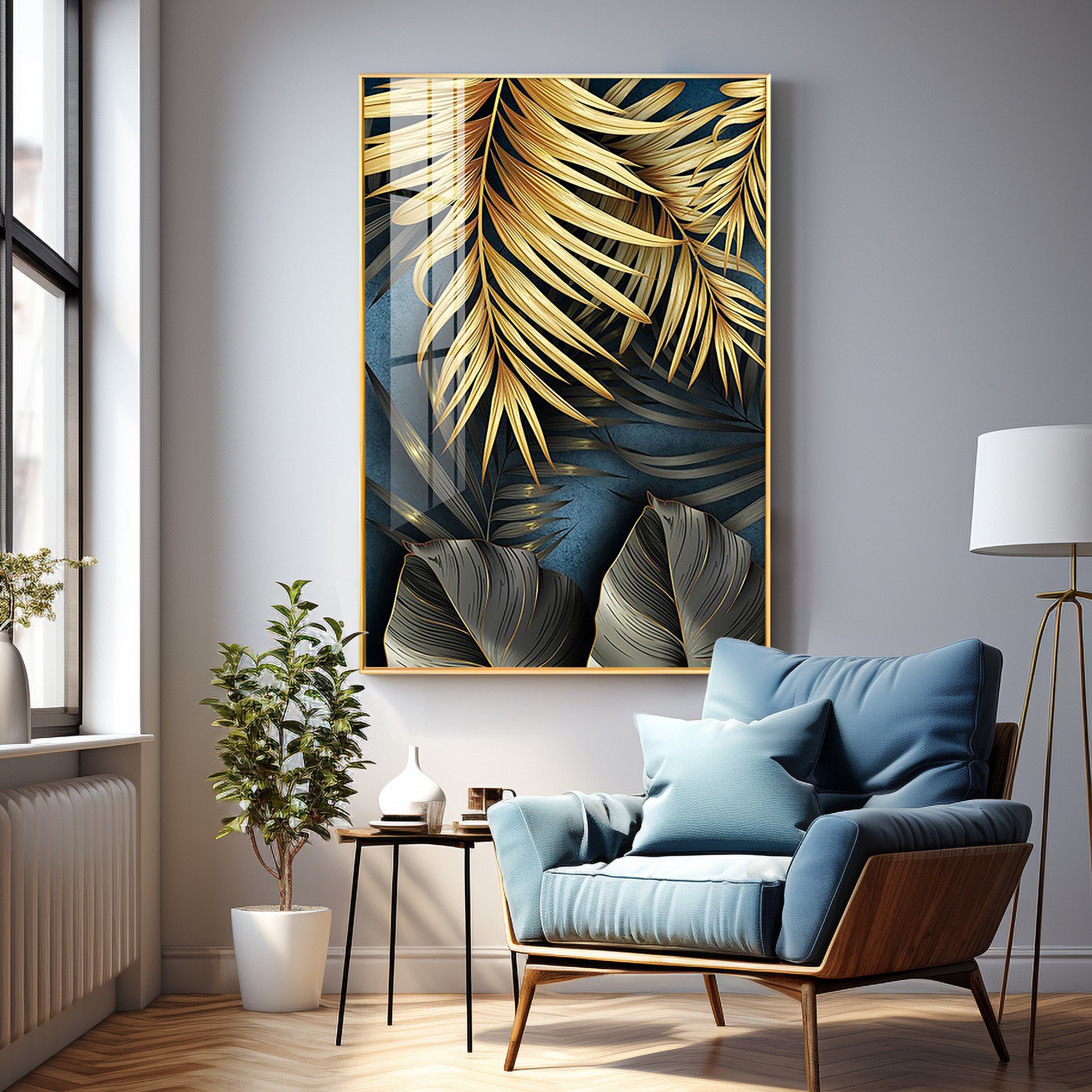 Tropical Golden Leafs Premium Acrylic Vertical Wall Art