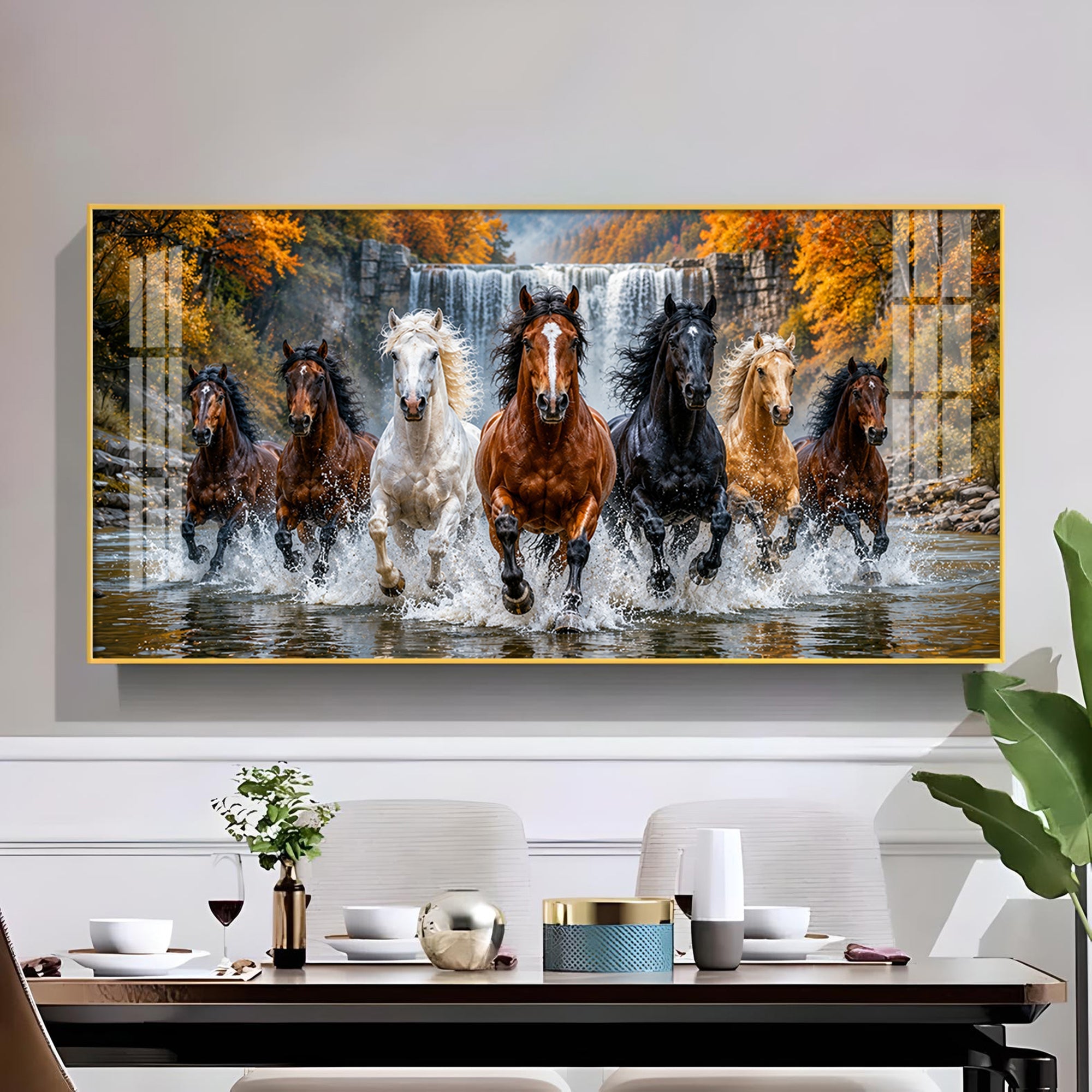 Seven-Horse Running Glass Finish Horizontal Wall Art