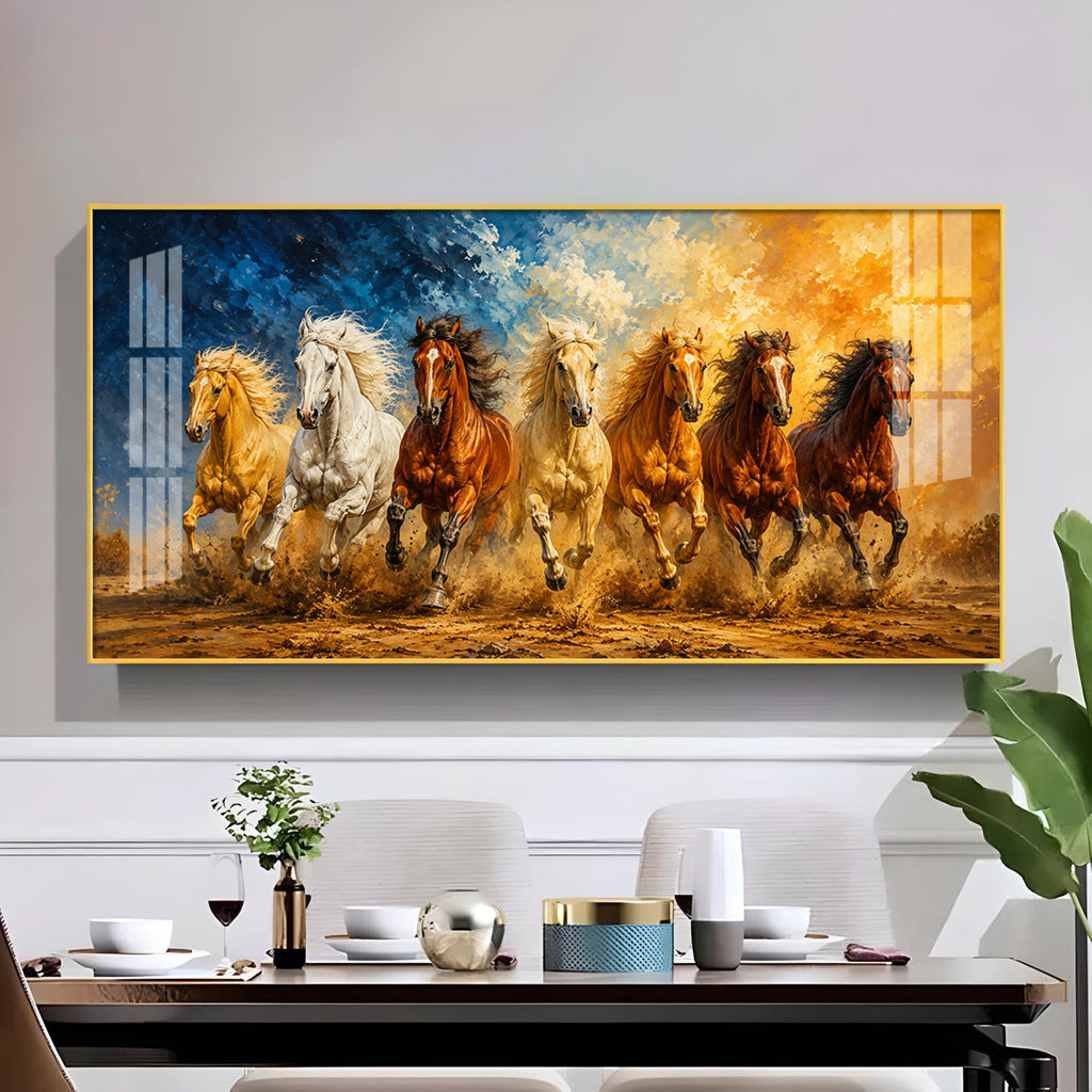 Seven Running Horses Glass Finish Horizontal Wall Art