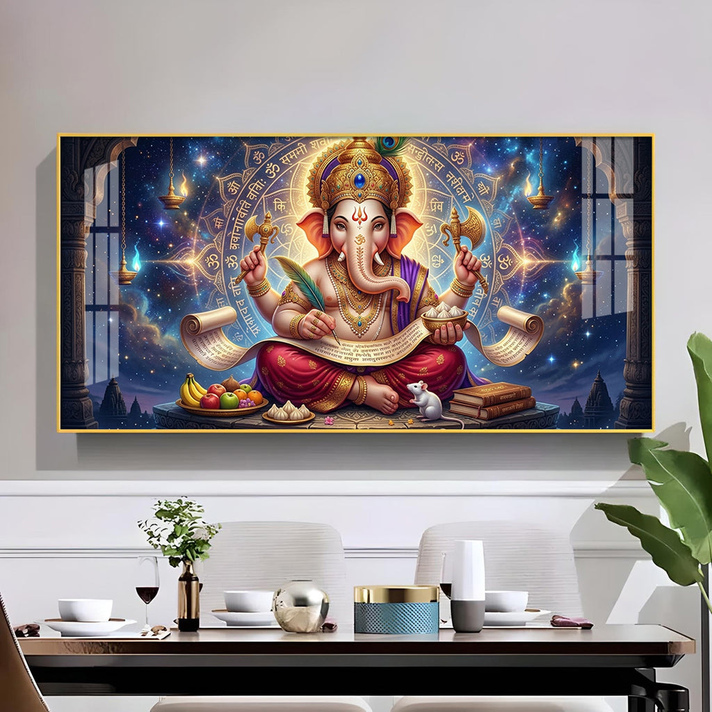 Lord Ganesha Glass Finish Horizontal Wall Art