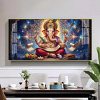 Lord Ganesha Glass Finish Horizontal Wall Art