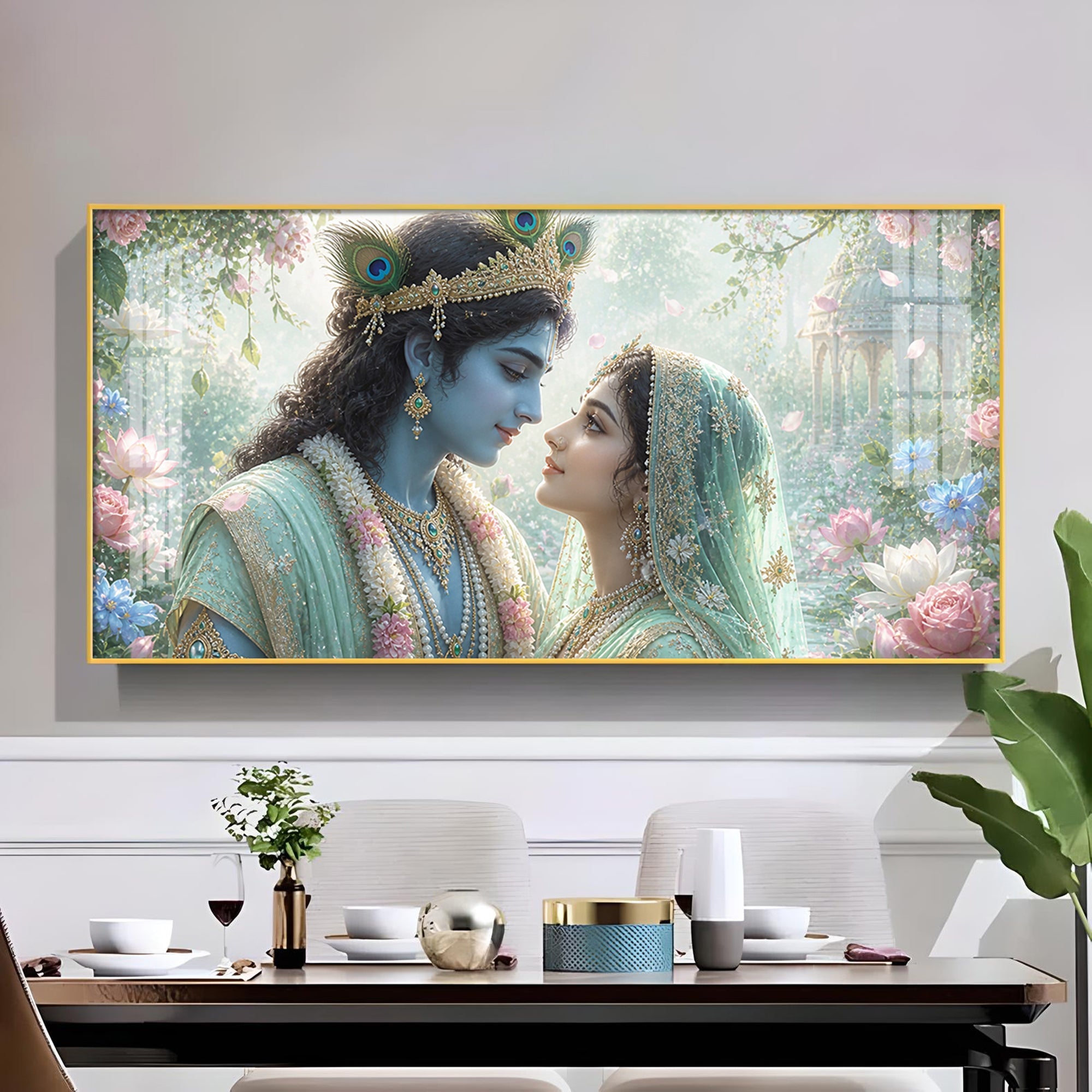 God Radha Krishna Glass Finish Horizontal Wall Art