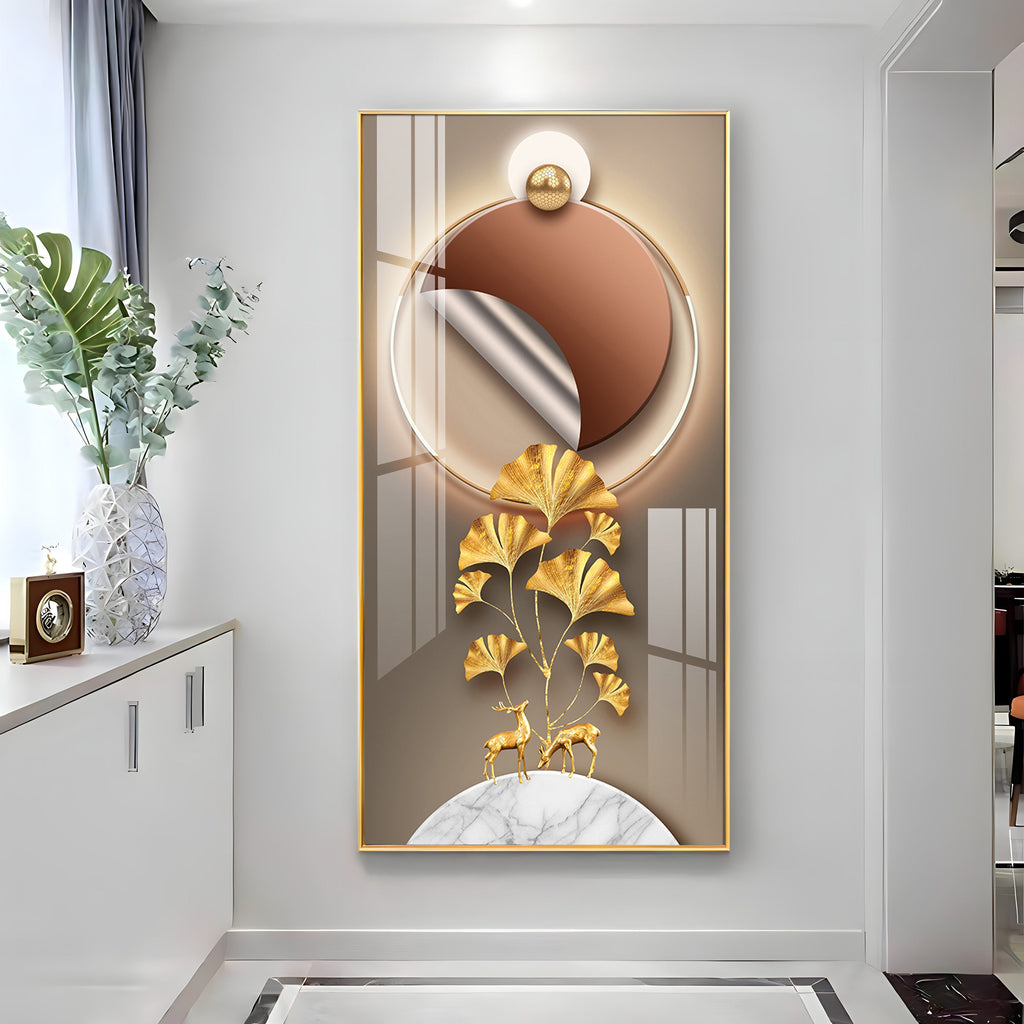 Golden Deer & Ginkgo Leaves Premium Acrylic Vertical Wall Art