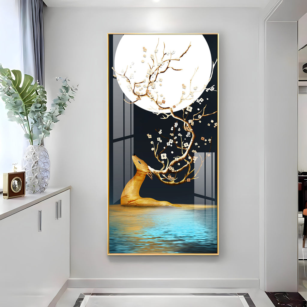 Golden Deer With Full Moon Premium Acrylic Vertical Wall Art