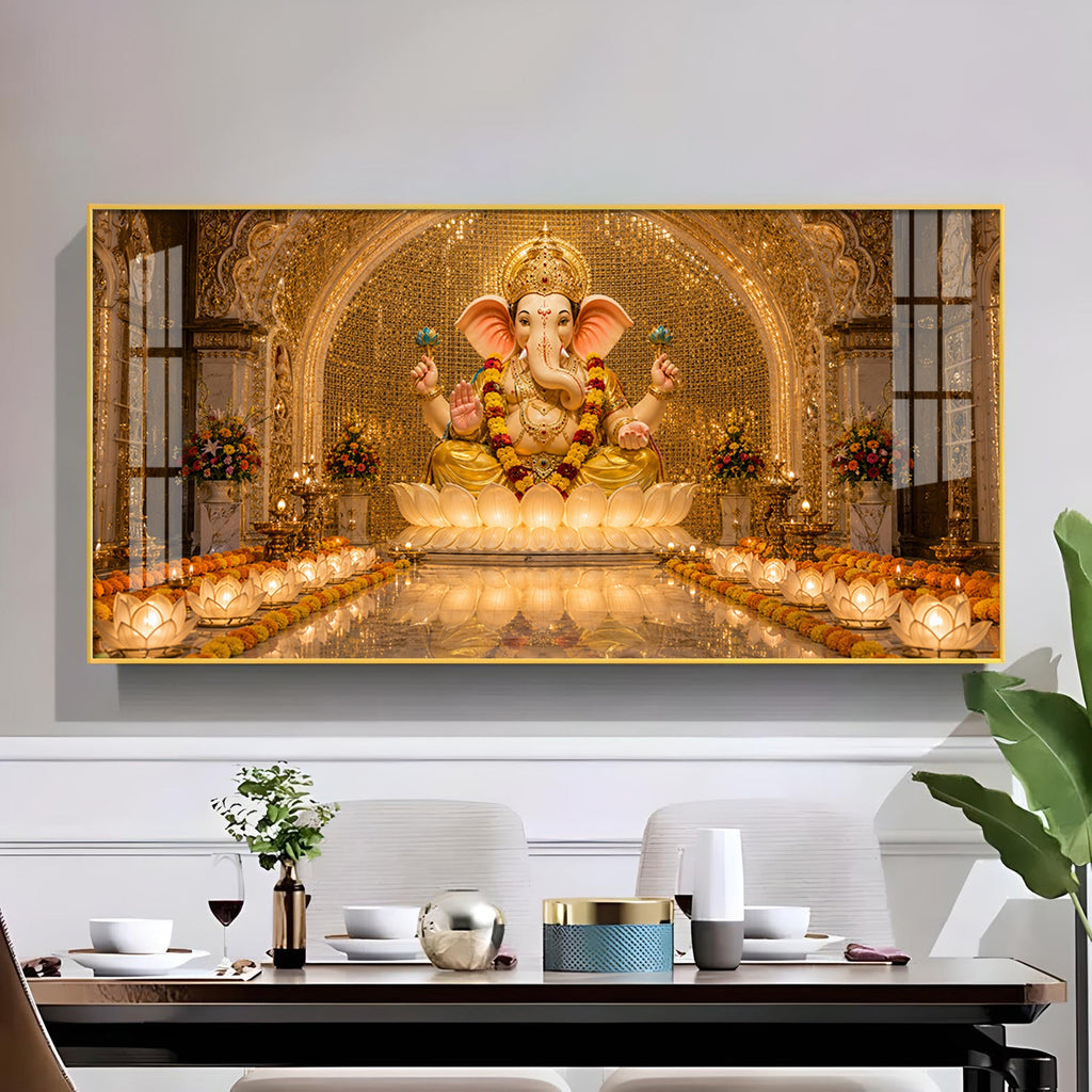 Lord Ganesha In A Golden Temple Glass Finish Horizontal Wall Art