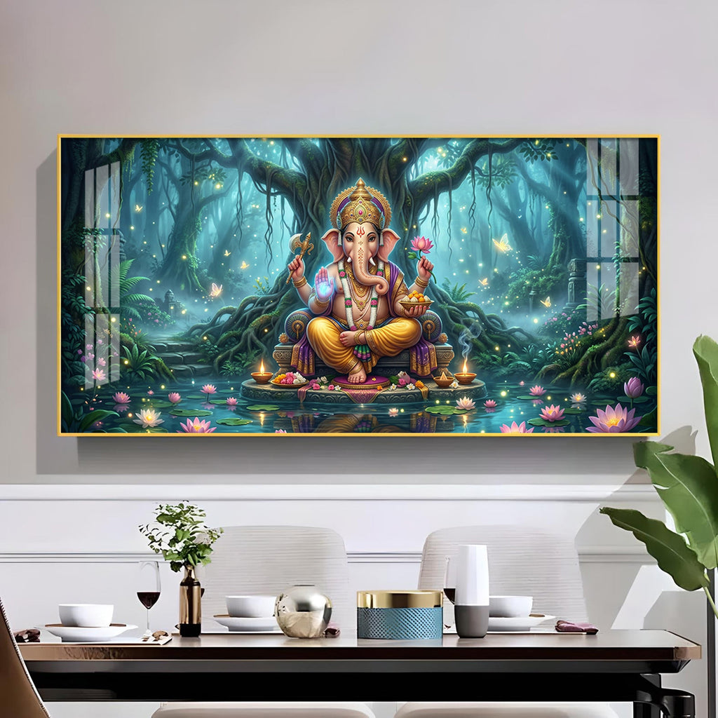 Lord Ganesh Divine Aura Glass Finish Horizontal Wall Art