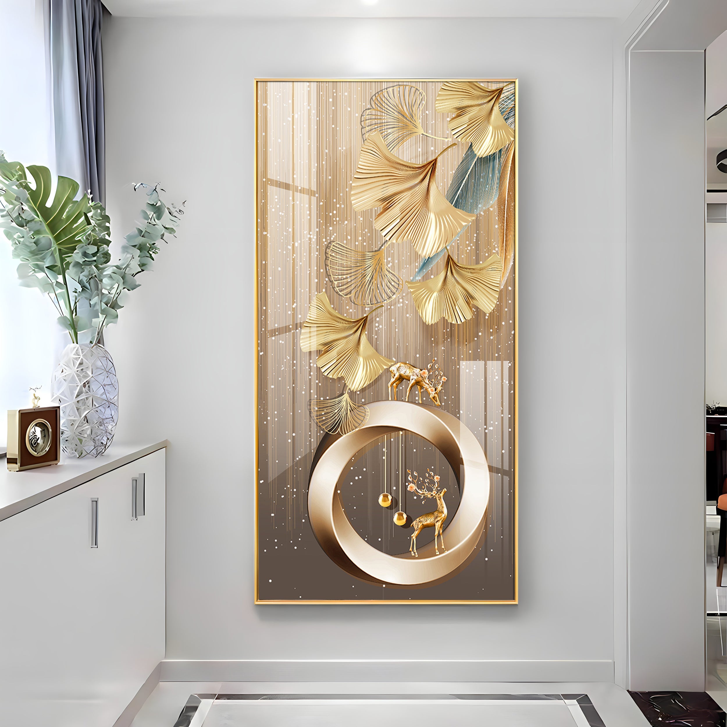 Golden Deer With Leaf Premium Acrylic Vertical Wall Art