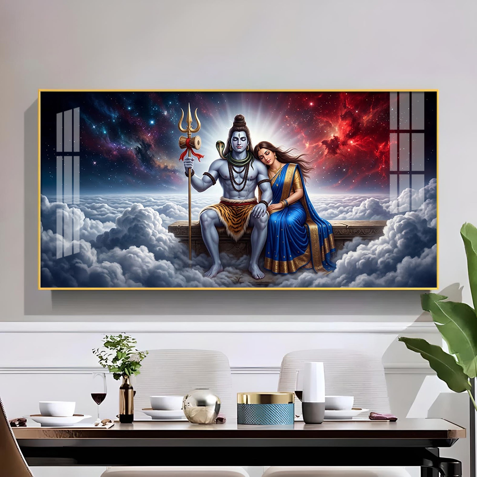 Depicts Lord Shiva & Goddess Parvati Glass Finish Horizontal Wall Art