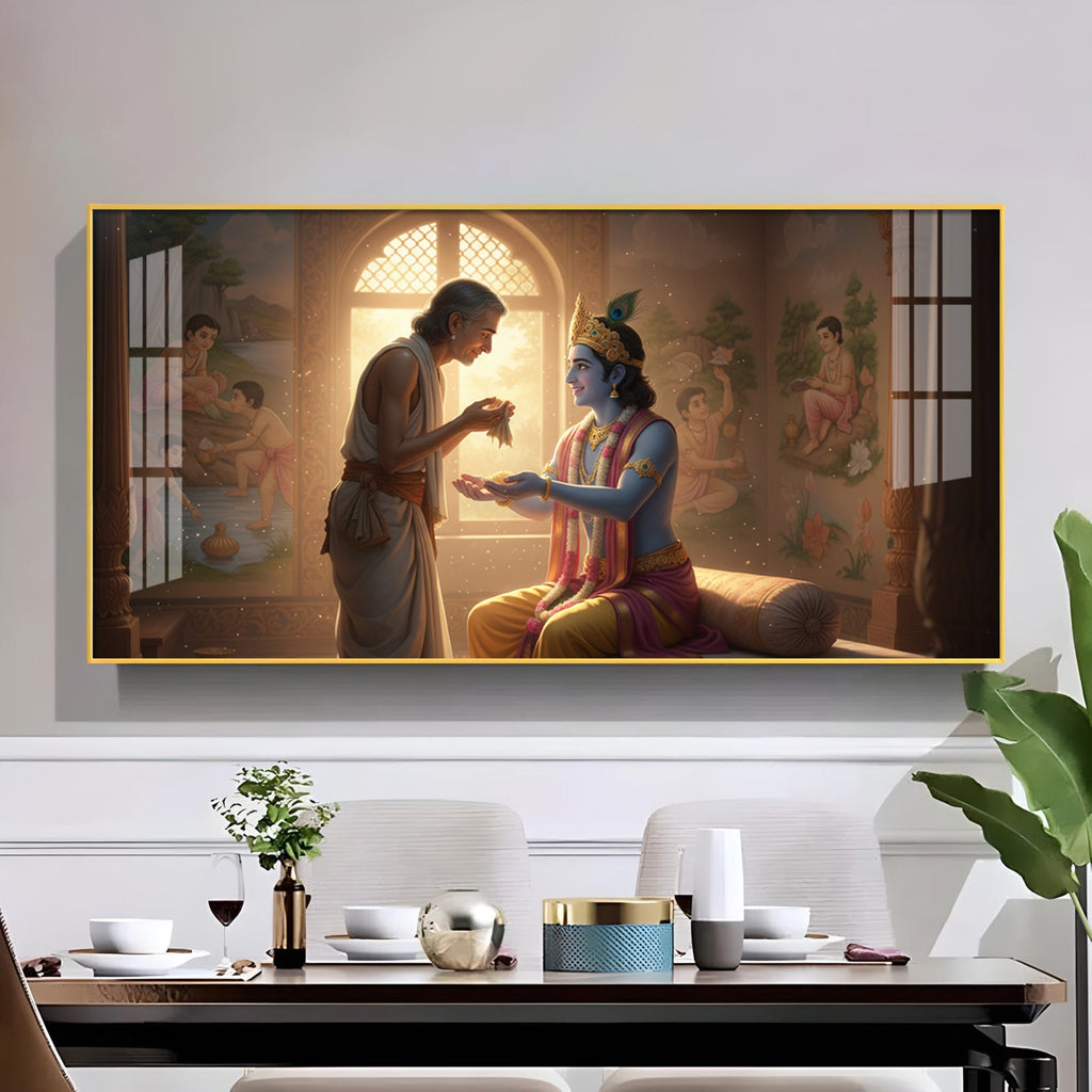 Shree Krishna With Sudama Ji Glass Finish Horizontal Wall Art