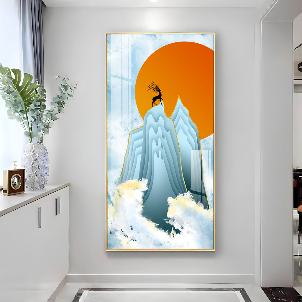 Black Deer On Mountains Premium Acrylic Vertical Wall Art