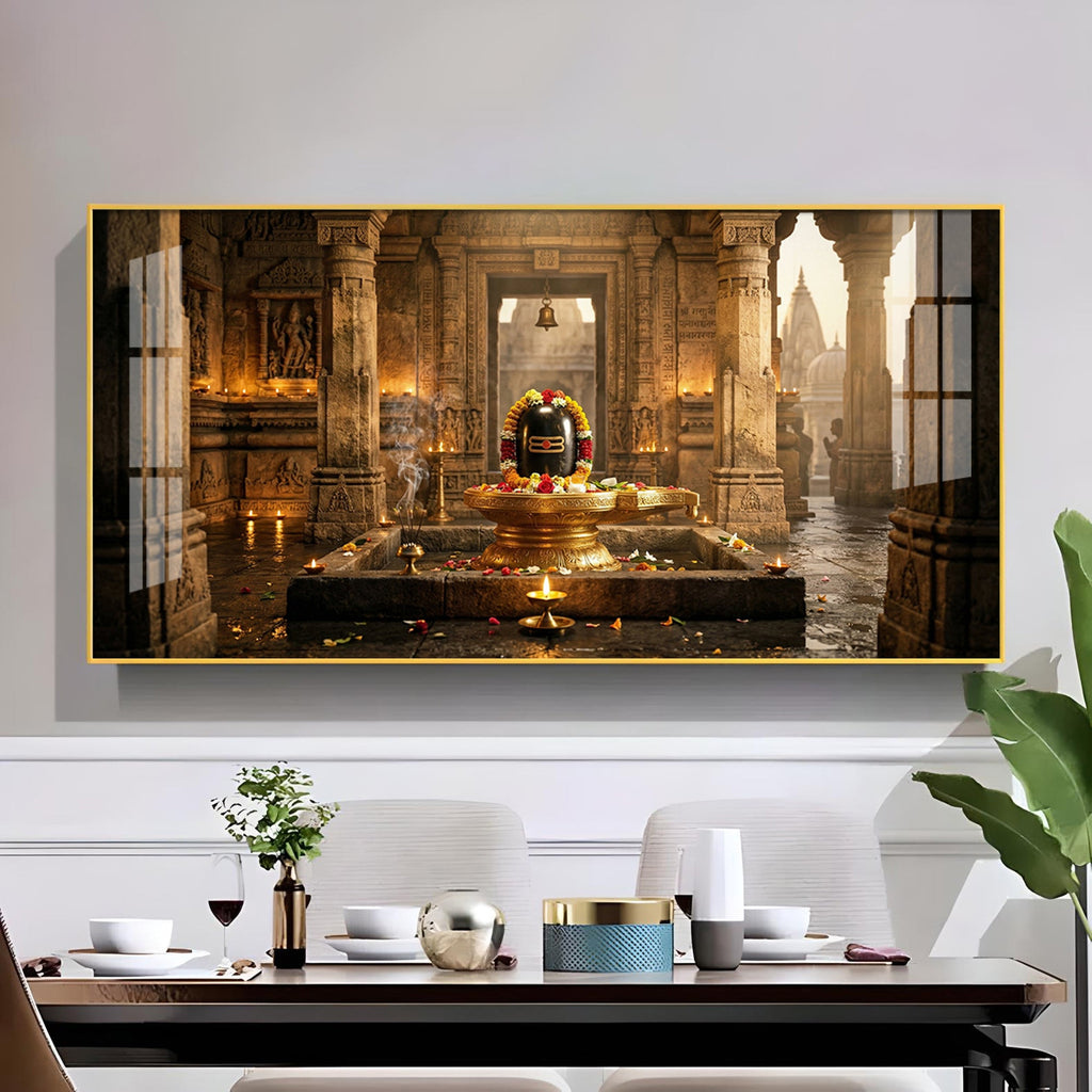 Shivling Temple Mystical Presence Glass Finish Horizontal Wall Art