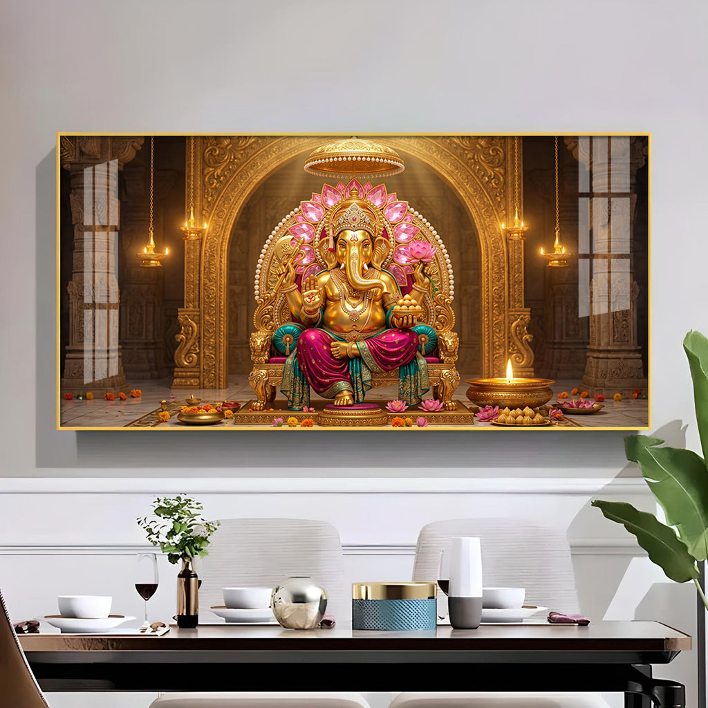 Hindu Lord Ganesha Glass Finish Horizontal Wall Art