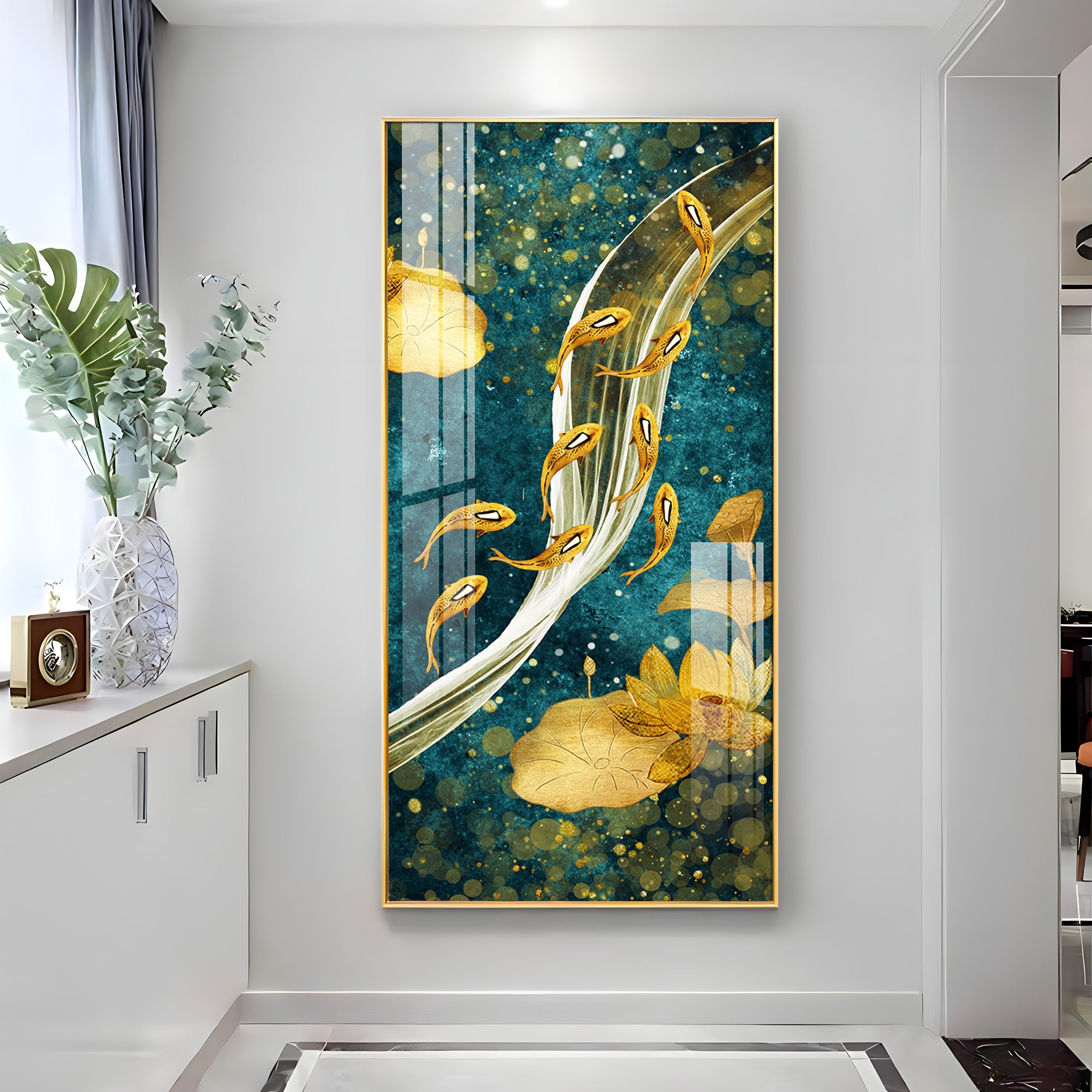 Modern Golden Koi Fish & Lotus Premium Acrylic Vertical Wall Art